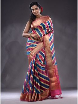 CHARUKRITI - Pink And Azure Blue Organza Handwoven Saree With Unstitched Blouse
